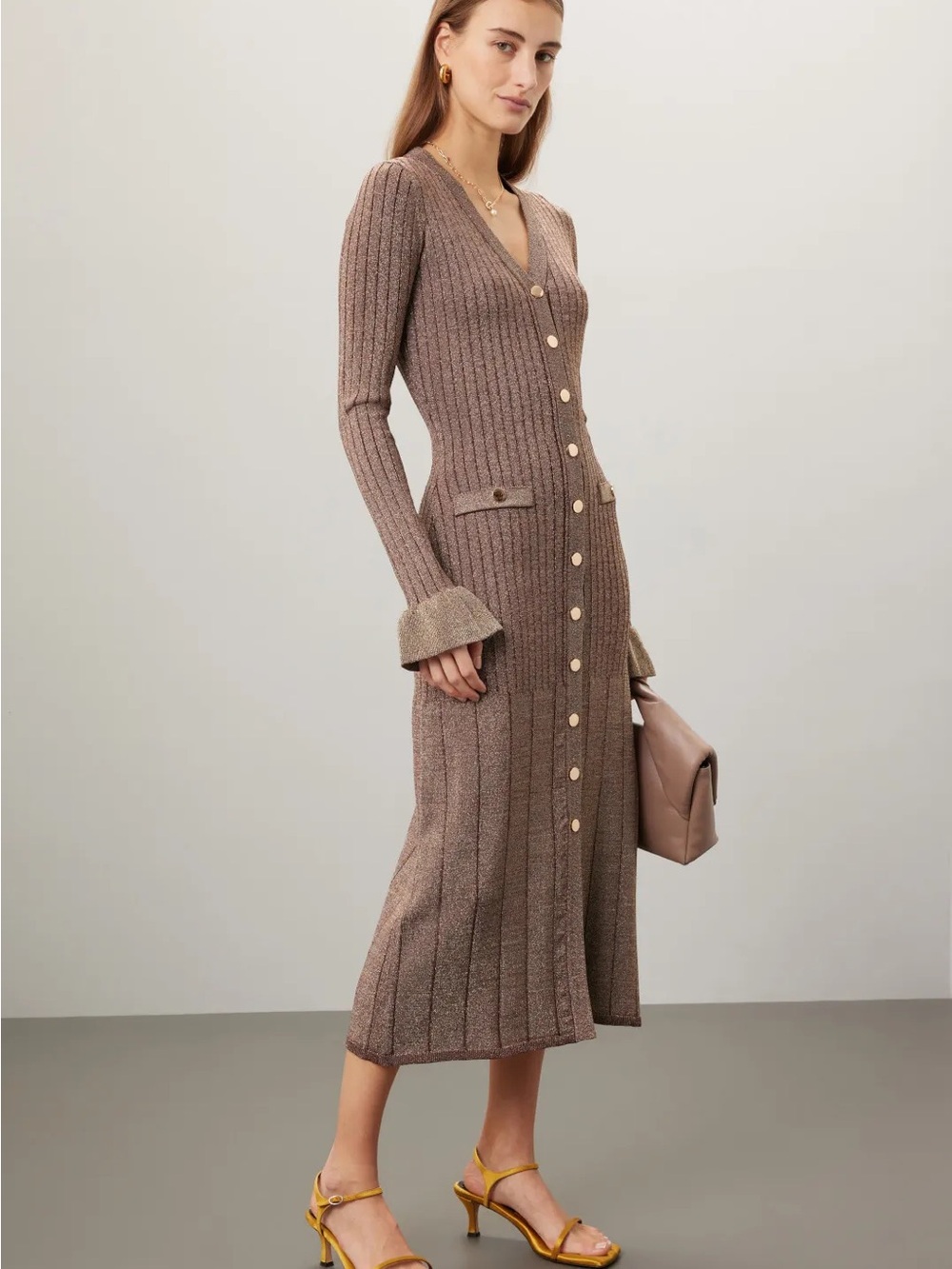 NWT Rachel Parcell Button Up Midi Sweater Dress~Brown/Gold Multi